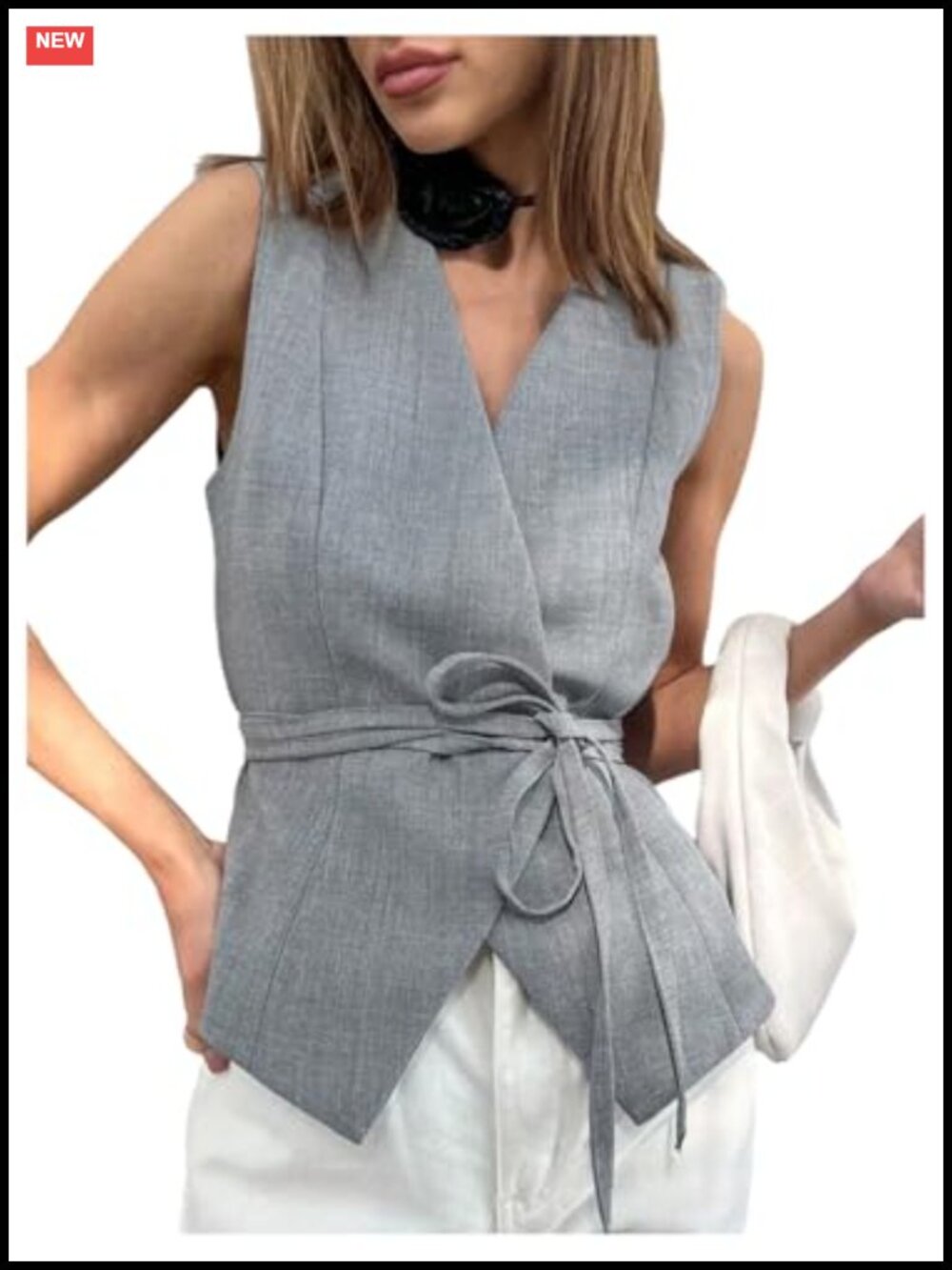 Wrap Blouse Vest Sleeveless Tie Front Asymmetrical Hem Business Casual Top